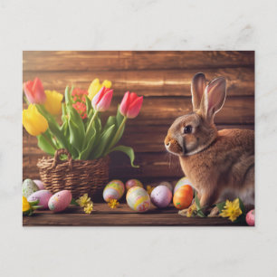 Easter bunny seated beside colorful eggs and tulip postcard