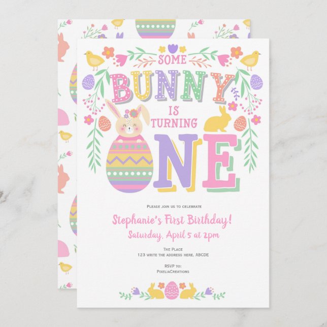 Easter, Bunny, Spring, 1st Birthday Invitation (Front/Back)