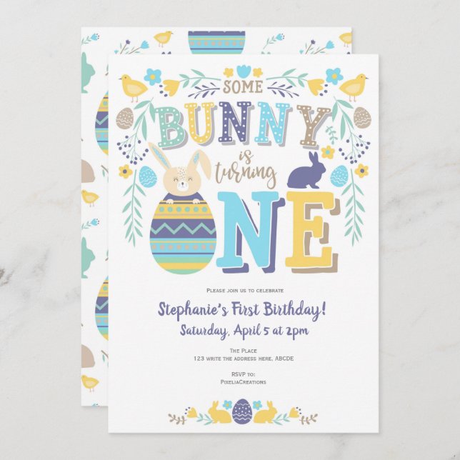 Easter, Bunny, Spring, 1st Birthday Invitation (Front/Back)