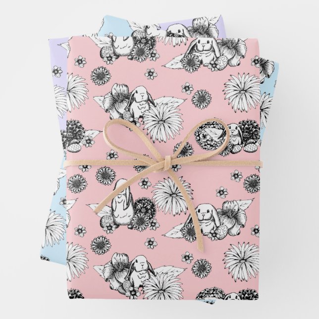 Easter Bunny Spring Floral Pattern   Wrapping Paper Sheet (In situ)