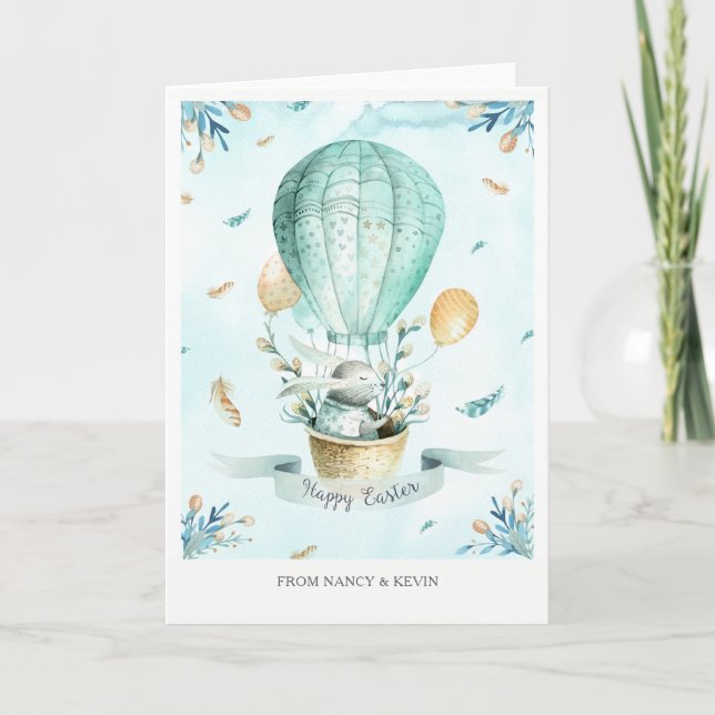 Easter Bunny & Spring Flowers Happy Easter Card (Front)