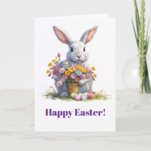 Easter Bunny Spring Flowers in a Flowers Holiday Card