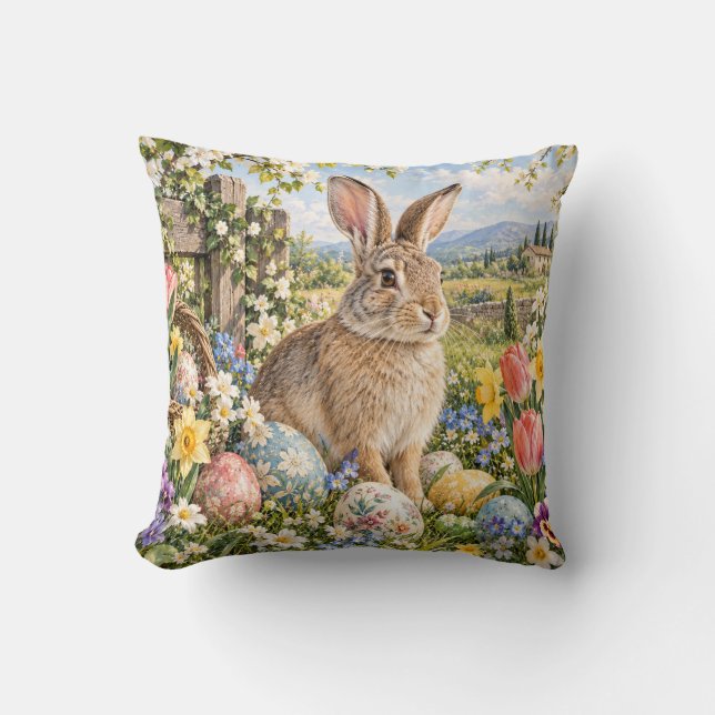 Easter Bunny Spring Garden Throw Pillow (Front)