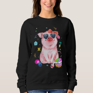 Easter Bunny Spring Pig Bow Egg Hunting Basket Col Sweatshirt