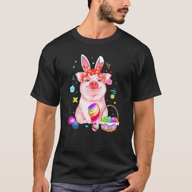 Easter Bunny Spring Pig Bow Egg Hunting Basket Col T-Shirt (Front)
