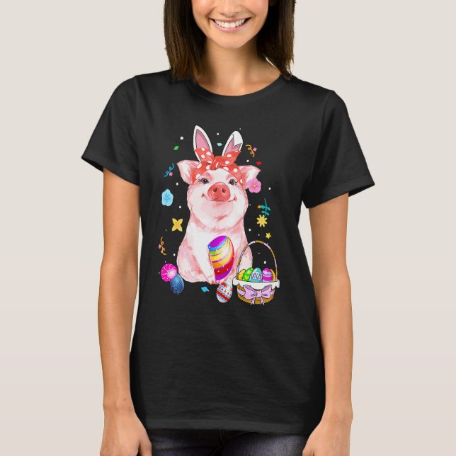 Easter Bunny Spring Pig bow Egg Hunting Basket col T-Shirt (Front)