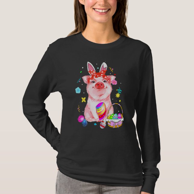 Easter Bunny Spring Pig Bow Egg Hunting Basket Col T-Shirt (Front)