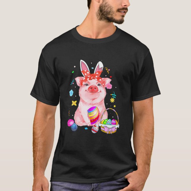 Easter Bunny Spring Pig Bow Egg Hunting Basket Col T-Shirt (Front)