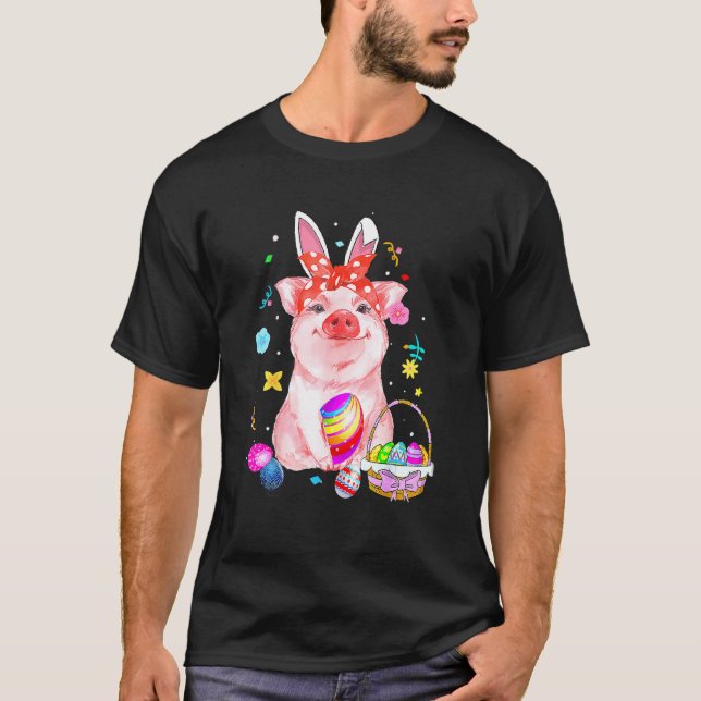 Easter Bunny Spring Pig bow Egg Hunting Basket col T-Shirt (Front)