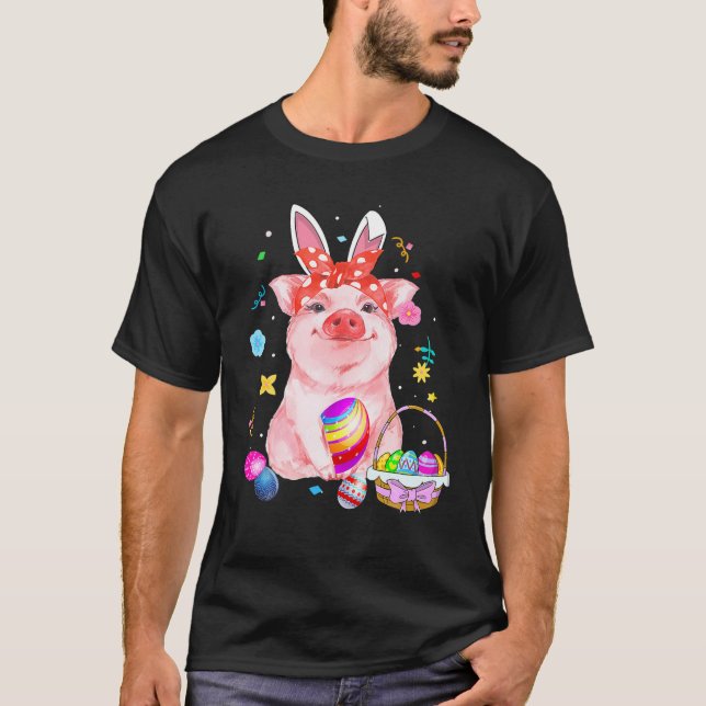 Easter Bunny Spring Pig Bow Egg Hunting Basket Col T-Shirt (Front)