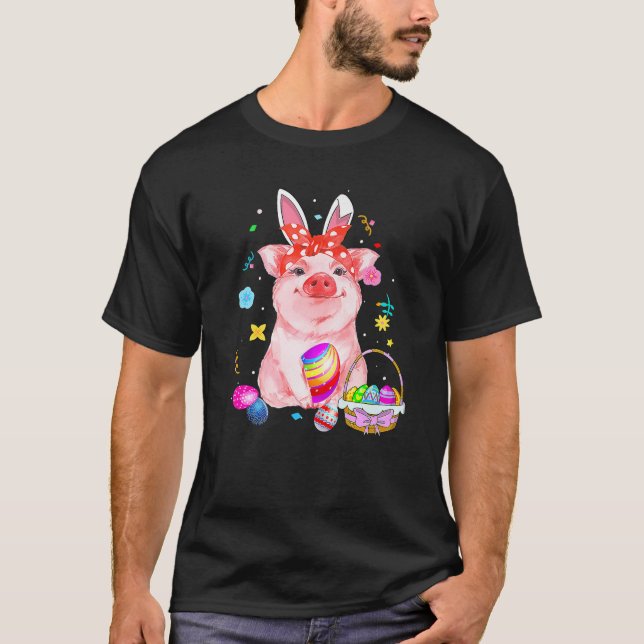 Easter Bunny Spring Pig Bow Egg Hunting Basket Col T-Shirt (Front)