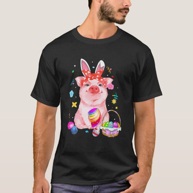 Easter Bunny Spring Pig Bow Egg Hunting Basket Col T-Shirt (Front)