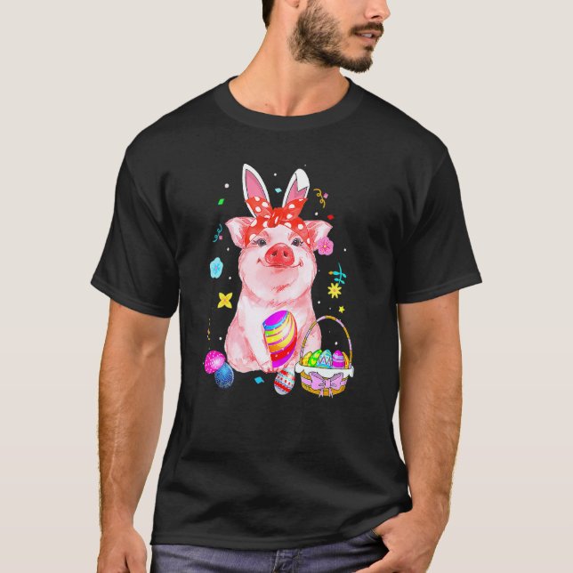 Easter Bunny Spring Pig Bow Egg Hunting Basket Col T-Shirt (Front)
