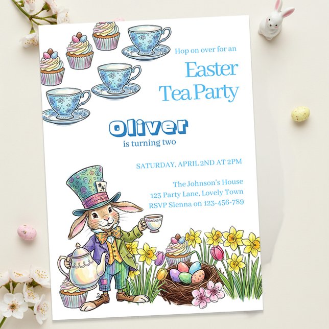 Easter Bunny Tea Party Any Age Childrens Birthday  Invitation (Kids Easter Garden Tea Party and Egg Hunt Invitation)