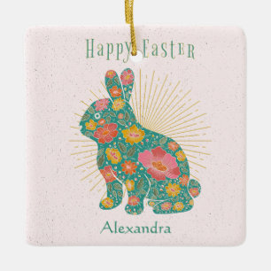 Easter Bunny Vintage Pastel Personalized Floral Ceramic Ornament