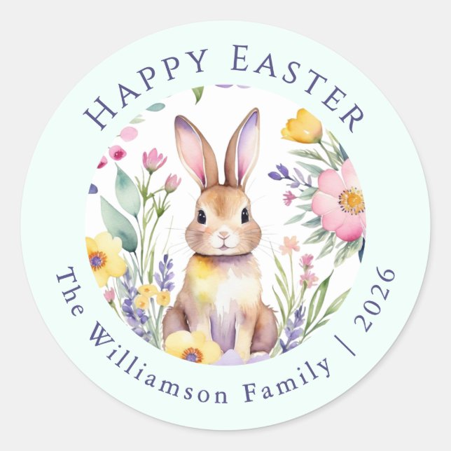 Easter Bunny Watercolor Floral Personalized Classic Round Sticker (Front)
