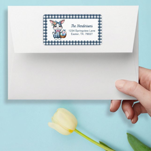 Easter Bunny with Basket of Eggs on Blue Gingham Label (Creator Uploaded)