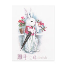 Easter Bunny with Bouquet of Pink Flowers