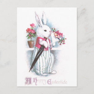 Easter Bunny with Bouquet of Pink Flowers Holiday Postcard