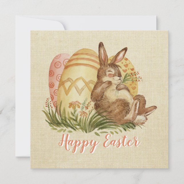 Easter Bunny With Coloured Eggs Watercolor Card  (Front)