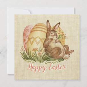 Easter Bunny With Coloured Eggs Watercolor Card 