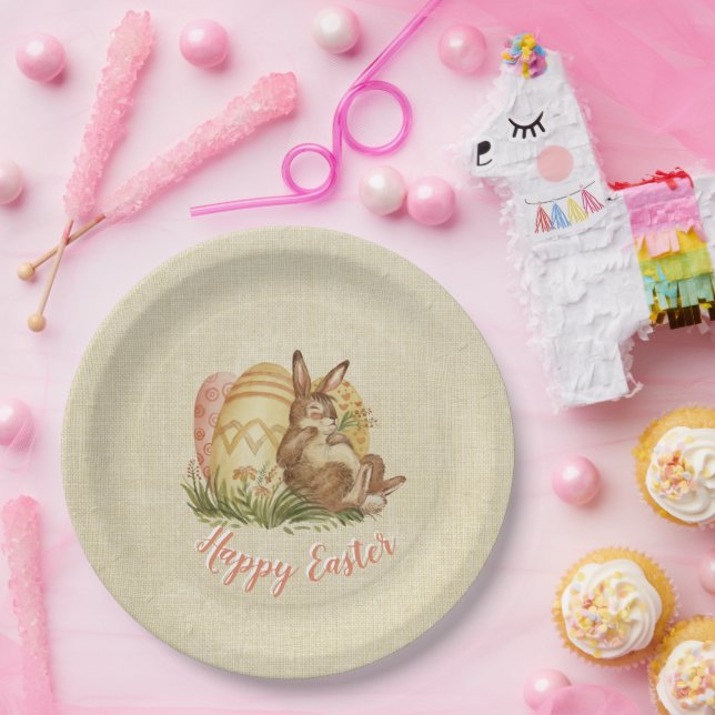 Easter Bunny With Coloured Eggs Watercolor  Paper Plate (Party)