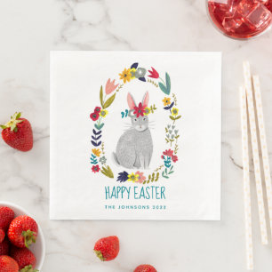 Easter bunny with colourful flowers napkin