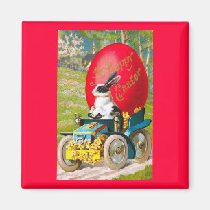 Easter Bunny With Cool Car Vintage Floral Magnet