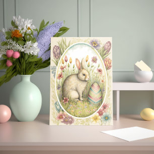 Easter Bunny with Decorated Egg and Flowers Card
