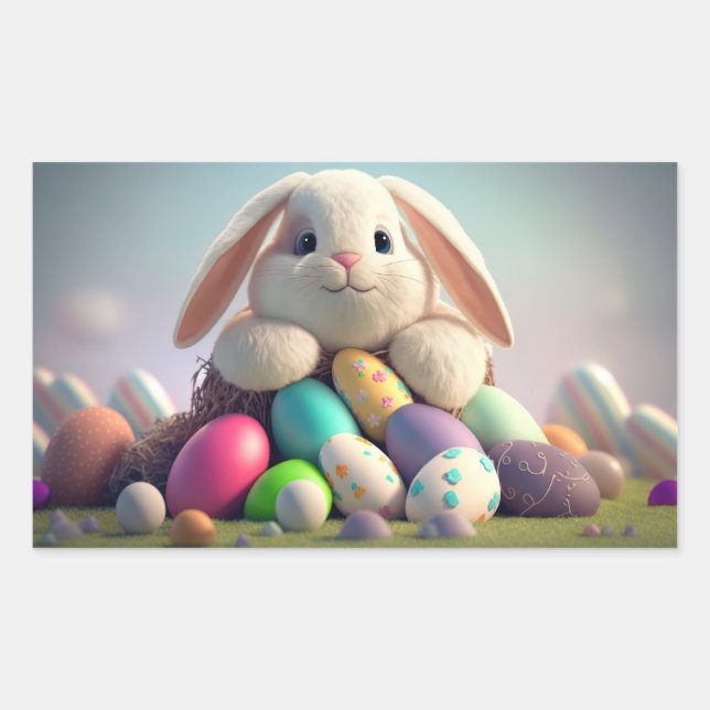 Easter bunny with easter eggs rectangular sticker (Front)