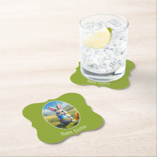 Easter bunny with egg, oval cardboard paper coaster