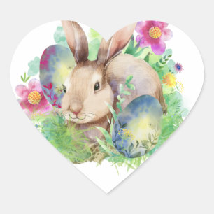 Easter bunny with eggs and flowers heart sticker