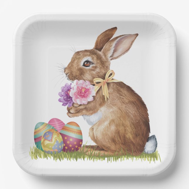 Easter Bunny With Eggs and Flowers Paper Plate (Front)