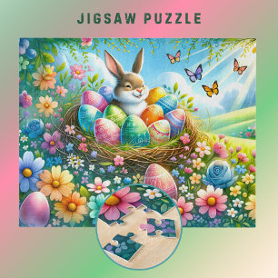 Easter Bunny with Eggs in Flower Garden - Jigsaw Puzzle
