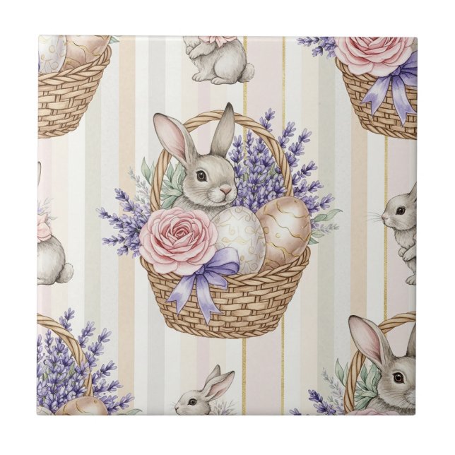 Easter Bunny with Eggs Spring Pastel Pattern (14) Tile (Front)
