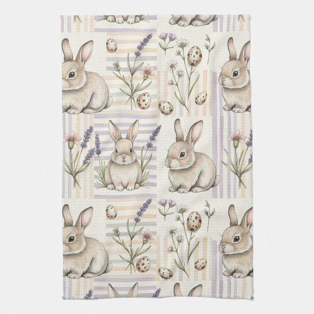 Easter Bunny with Eggs Spring Pastel Pattern (5) Tea Towel (Vertical)