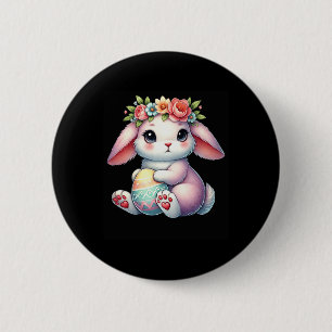 Easter Bunny With Flower Crown Girls Women Floral 6 Cm Round Badge