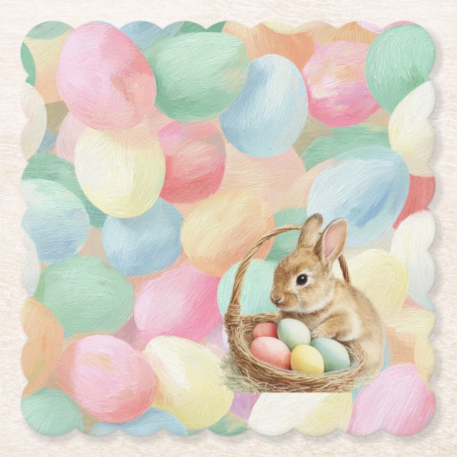 Easter bunny with flowers and Easter eggs Paper Coaster (Front)