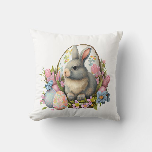 easter bunny with flowers and eggs, colourful bloo cushion (Front)