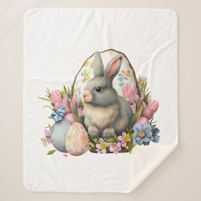 easter bunny with flowers and eggs, colourful bloo sherpa blanket (Front)