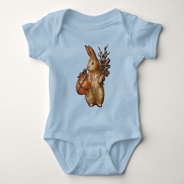 Easter Bunny with Flowers Unisex Blue Bodysuit (Front)