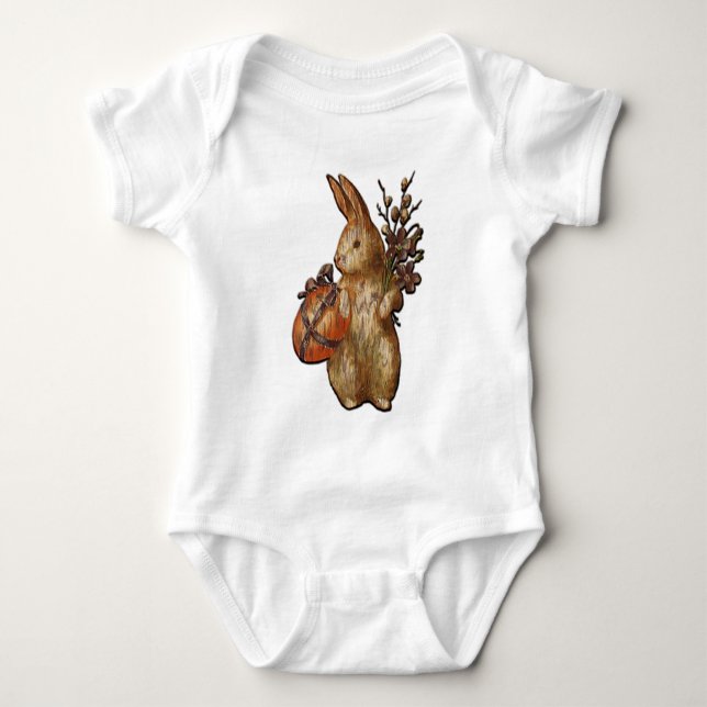Easter Bunny with Flowers Unisex White Bodysuit (Front)
