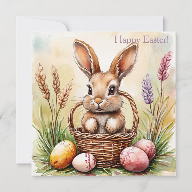 Easter bunny with painted eggs, watercolor invitation (Front)