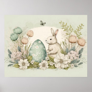 Easter Bunny with Sage Egg and Pastel Flowers Poster