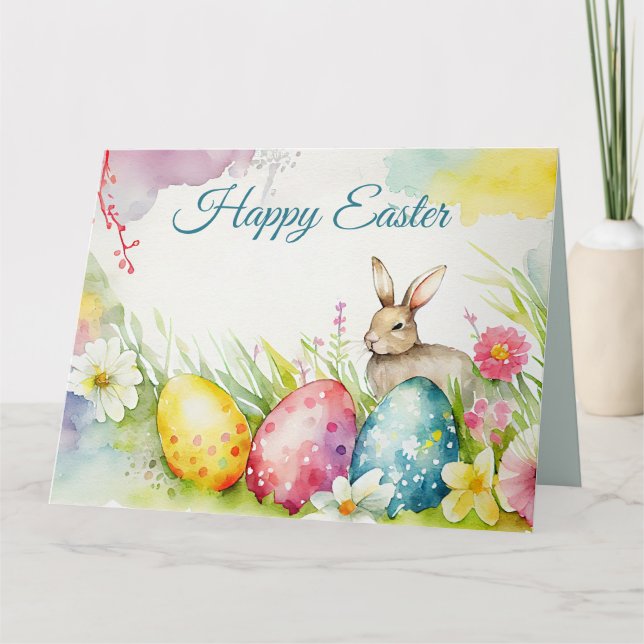 Easter bunny with three Easter Eggs Card (Front)