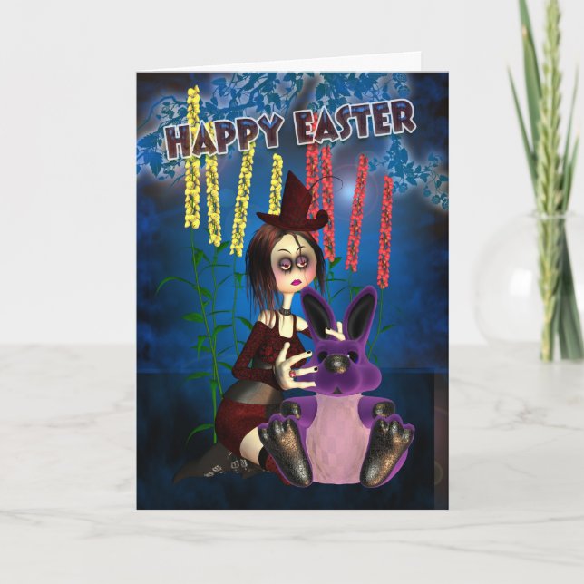 Easter Card - Gothic Rock Chick And Easter Bunny (Front)