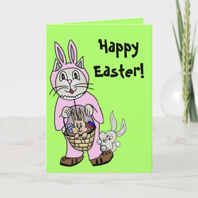 Easter Card with a Cat in bunny suit drawing (Front)