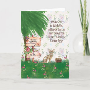 Easter Card with Cat Delivering Chocolate Eggs