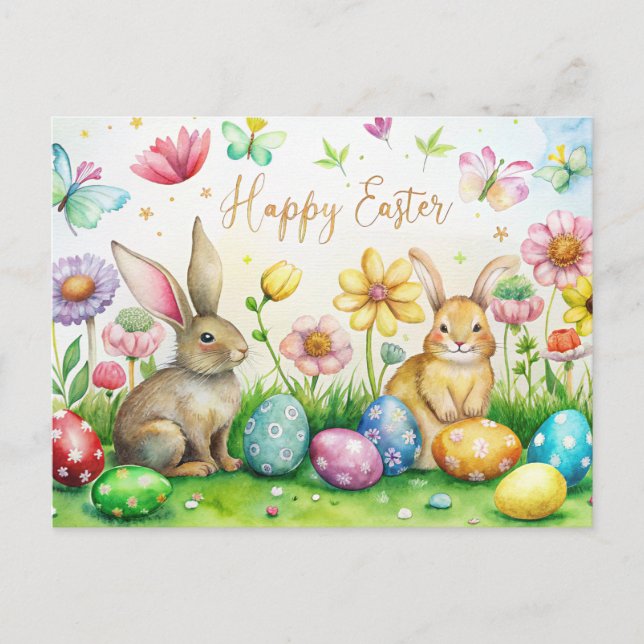 Easter card with cute bunnies, flowers and eggs (Front)