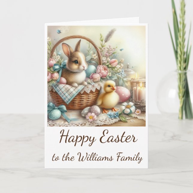 Easter Card with Eggs, Bunny, Basket & Chick (Front)